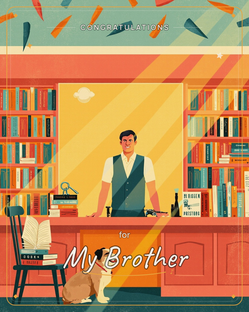 Sunbeams slice through a coral-walled bookshop where a man grins behind the counter and a dog waits proud in golden light, a congratulations e-card design
