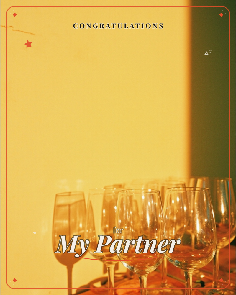 A cluster of empty wine and champagne glasses catches warm golden light against a glowing amber wall, with a single band of orange shadow cutting…, a congratulations e-card design