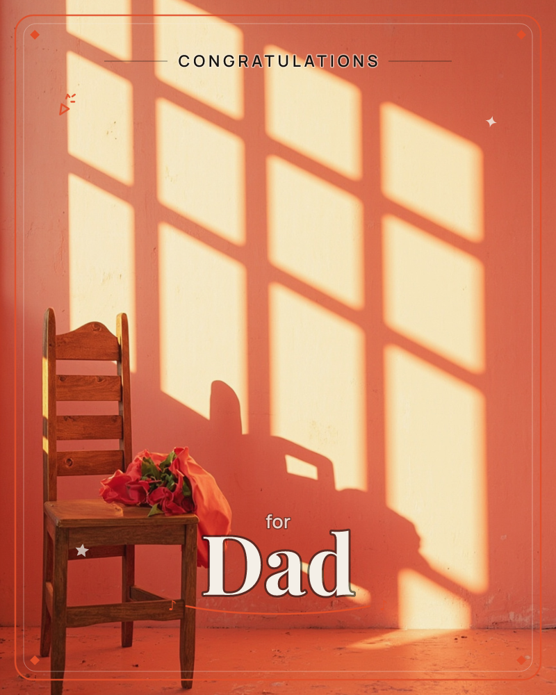 A wooden chair sits against a sun-washed terracotta wall, a red cloth and small bouquet draped over its seat, a congratulations e-card design