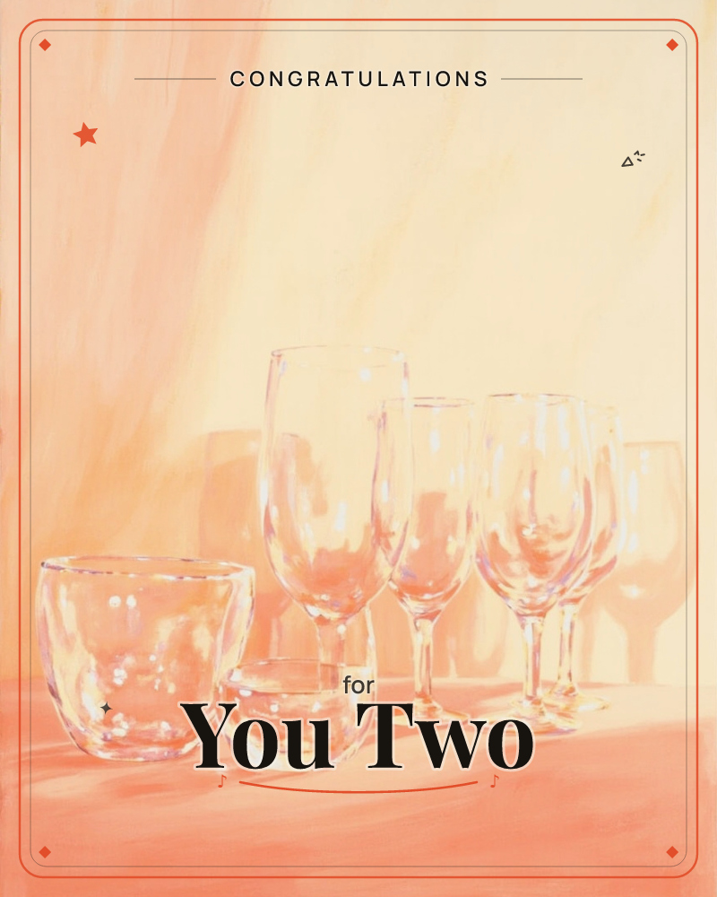 A row of empty wine glasses and glass bowls catches warm light on a peach-toned table, their shadows stretching long against a glowing apricot backdrop, a congratulations e-card design