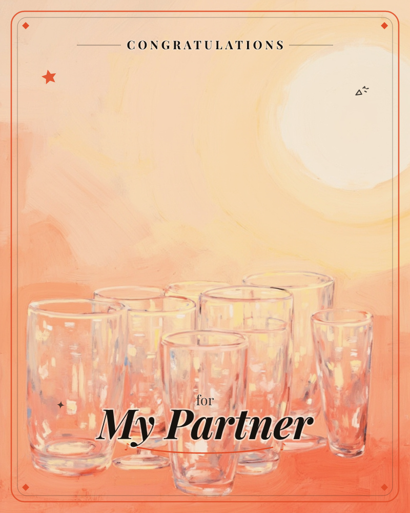 A cluster of empty drinking glasses stands together against a glowing peach and apricot sky, with a hazy white sun or moon rising behind them, a congratulations e-card design