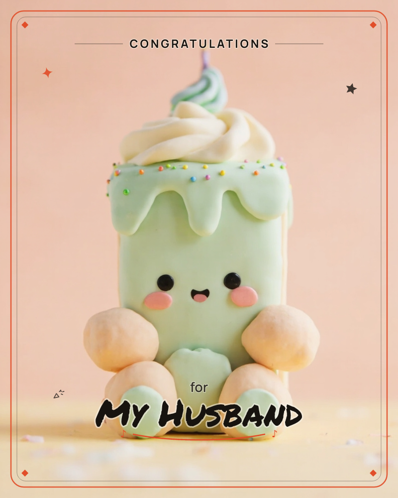 A pastel mint-green cake character with a cute smiling face and rosy cheeks sits plump against a soft peach background, topped with a swirl of cream…, a congratulations e-card design