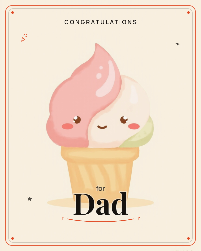 A soft-serve ice cream cone with a swirled scoop split into pink, cream, and pistachio green sits against a pale peachy background, a congratulations e-card design