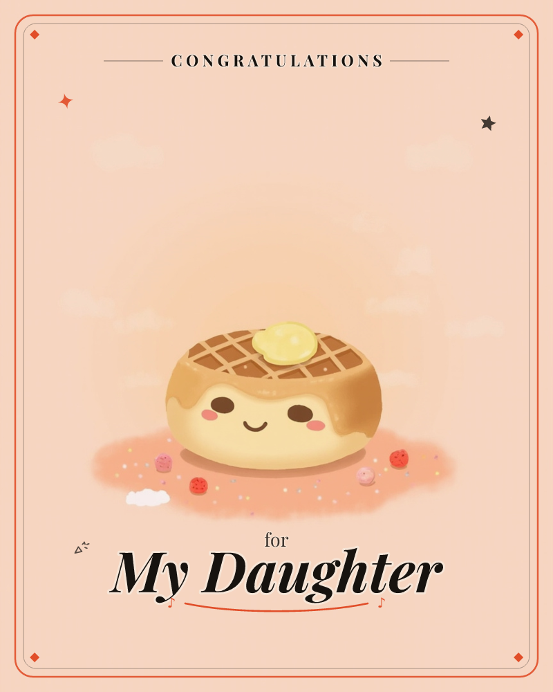 A round waffle with a happy face and rosy cheeks sits topped with a pat of melting butter, its criss-cross grid glowing golden in a soft peach haze, a congratulations e-card design