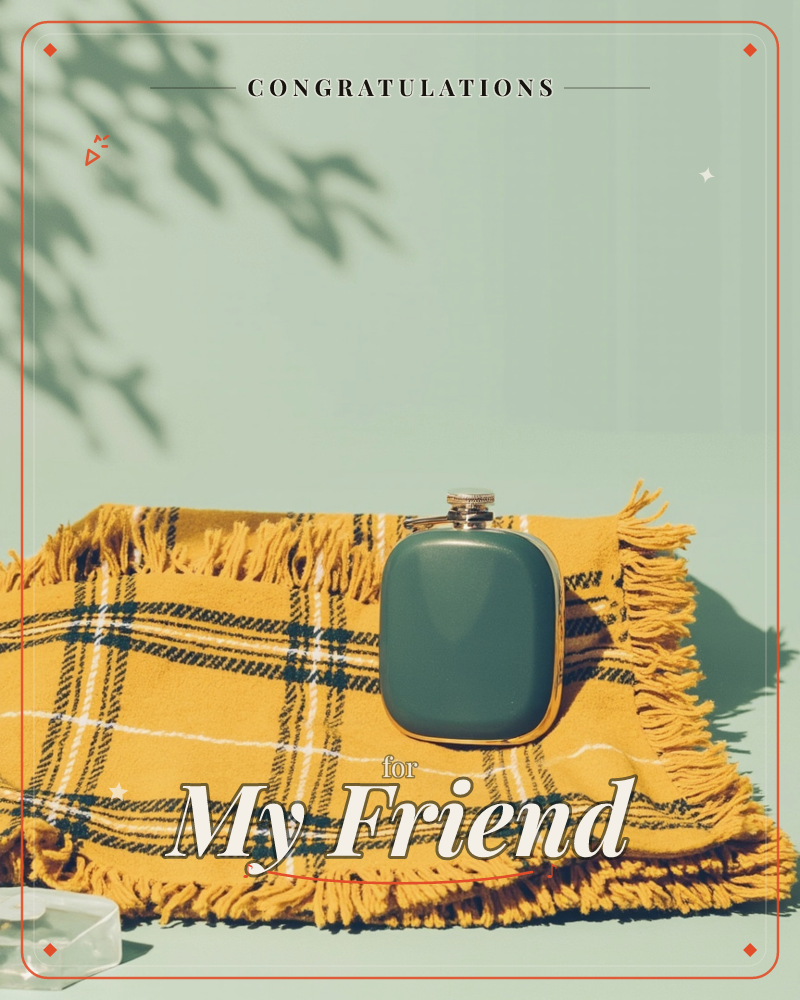 A dark green enamel hip flask with a silver cap rests on a folded mustard-yellow plaid blanket with knotted fringe, set against a soft sage-green backdrop, a congratulations e-card design