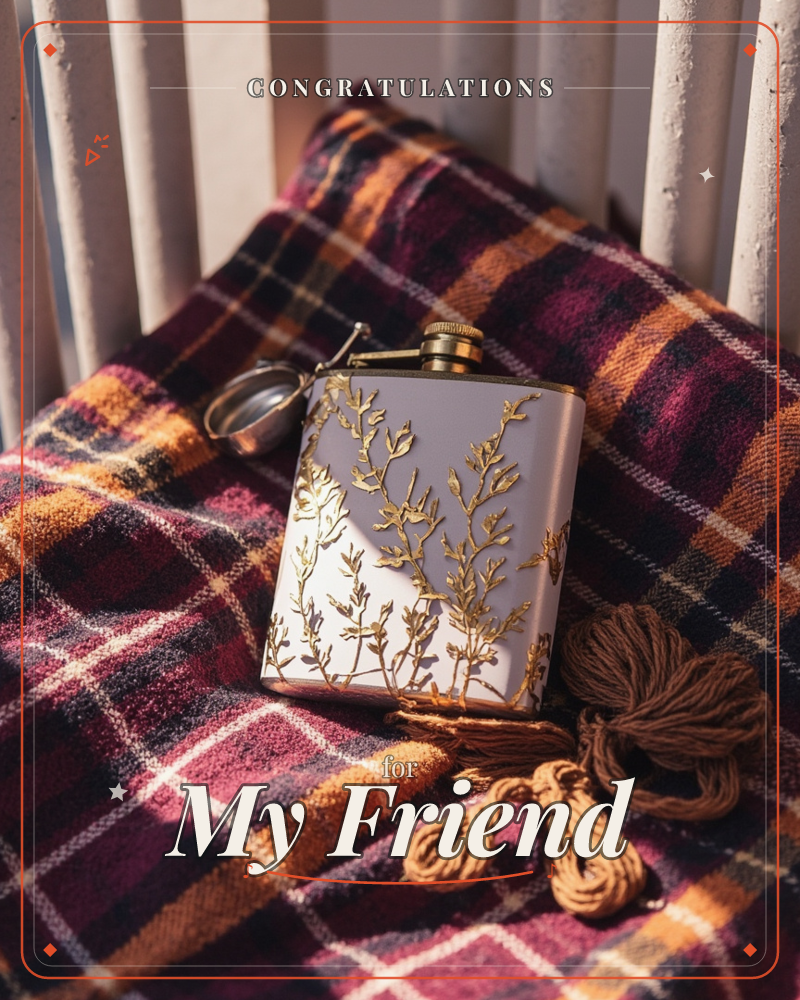 A cream enamel flask etched with a gold botanical branch design rests on a rumpled plaid wool blanket in burgundy, rust and black, a congratulations e-card design
