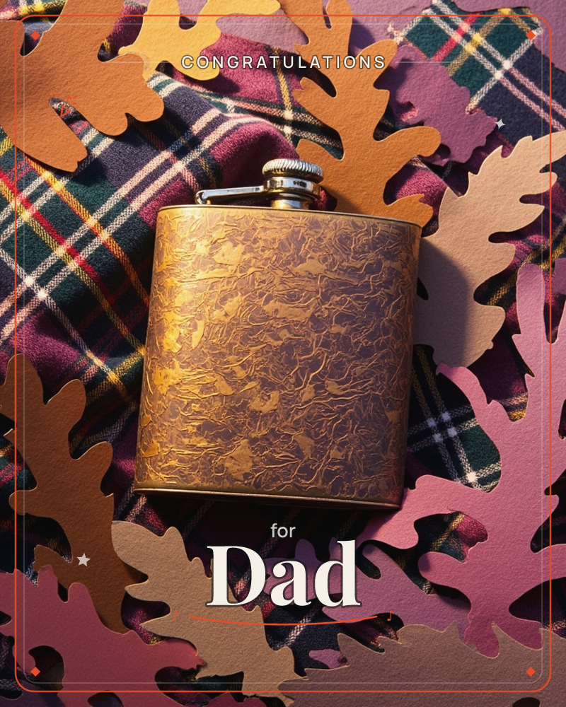 A brushed brass hip flask with an etched leaf pattern sits on a wine-and-forest-green tartan blanket, surrounded by paper-cut oak leaves in copper…, a congratulations e-card design