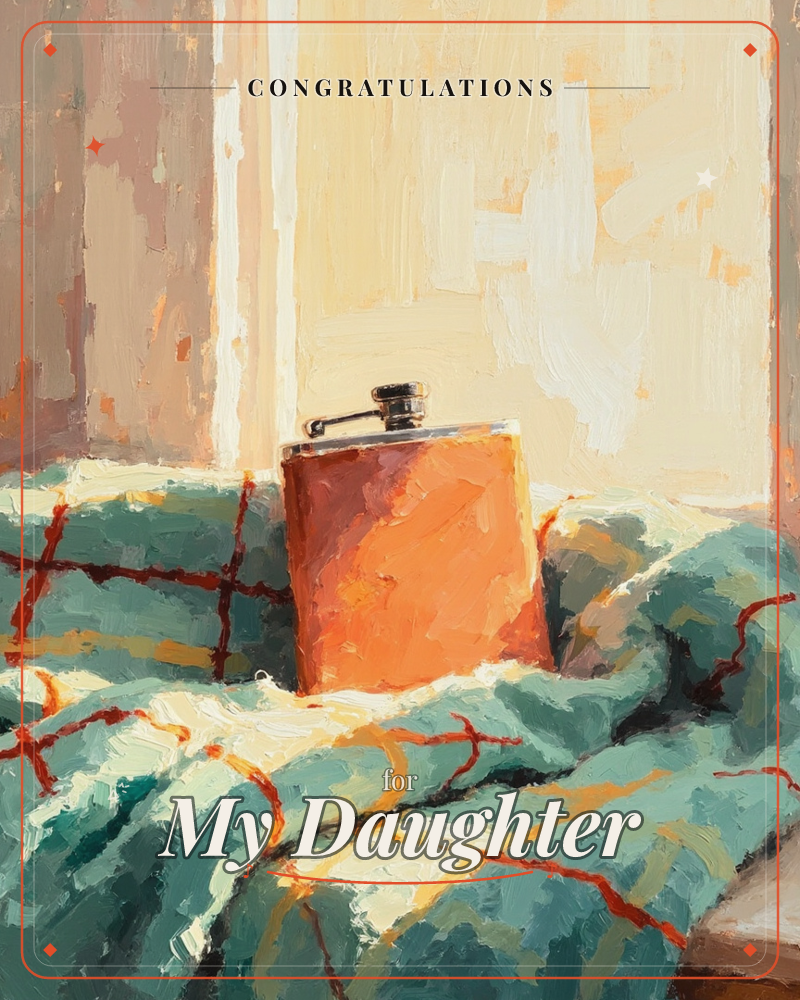 A leather-covered hip flask with a small hinged cap sits nestled in the folds of a green plaid blanket, painted in loose, warm brushstrokes, a congratulations e-card design