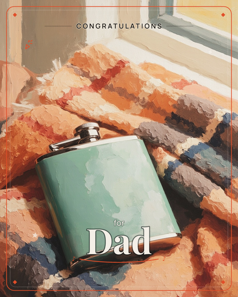 A mint-green metal flask with a chrome cap rests on a folded plaid blanket near a sunlit windowsill, painted in loose, buttery brushstrokes, a congratulations e-card design