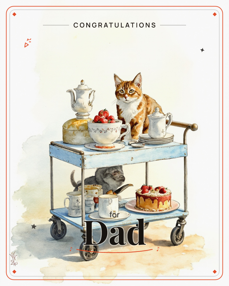 A pale blue tea trolley is loaded with a porcelain teapot, stacked plates, a teacup brimming with strawberries, and a frosted cake topped with berries…, a congratulations e-card design