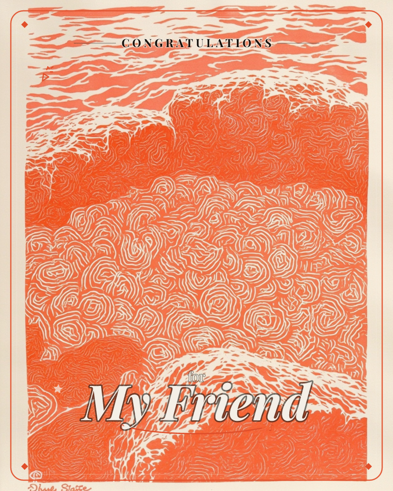 A bold linocut print renders ocean waves rolling toward shore, foam captured in swirling, hand-carved white lines against a single burnt-orange ink, a congratulations e-card design
