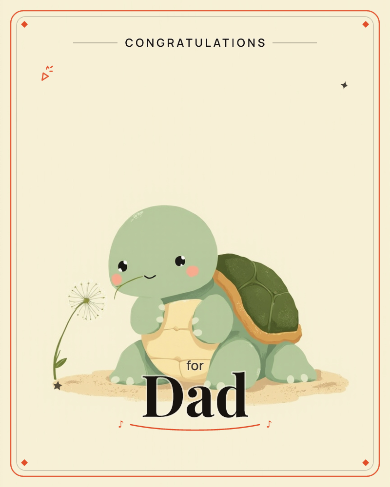 A small round-shelled turtle sits on a patch of sand beside a single dandelion gone to seed, one wisp of its fluff caught in the turtle's mouth, a congratulations e-card design