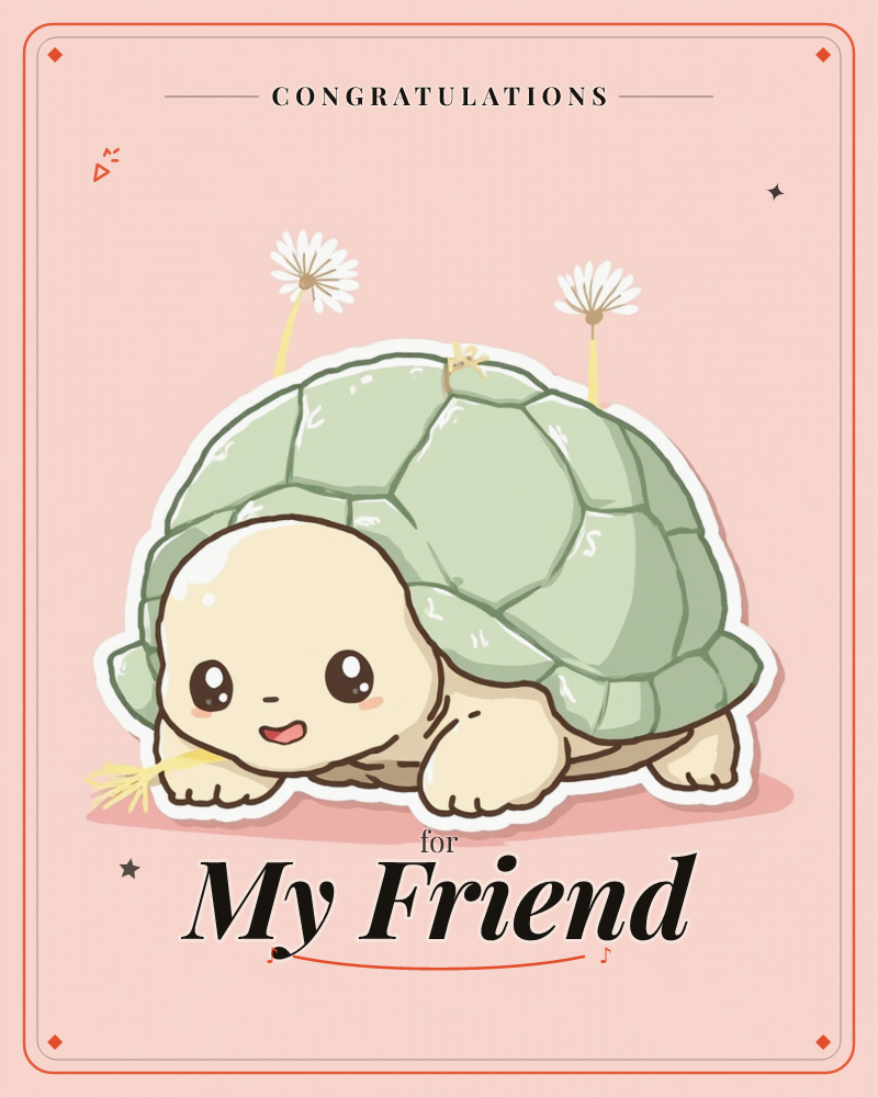 A round-eyed cartoon tortoise with a soft mint-green shell rests on a plain pink background, two small white dandelions sprouting from behind its shell…, a congratulations e-card design