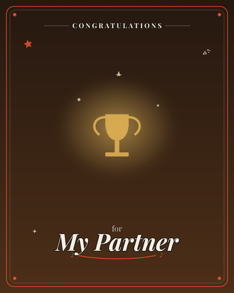 A golden trophy glows at the centre of a deep bronze background, ringed by a soft halo of light with a single star and two small sparkles floating nearby, a congratulations e-card design by @DittyCityTeam