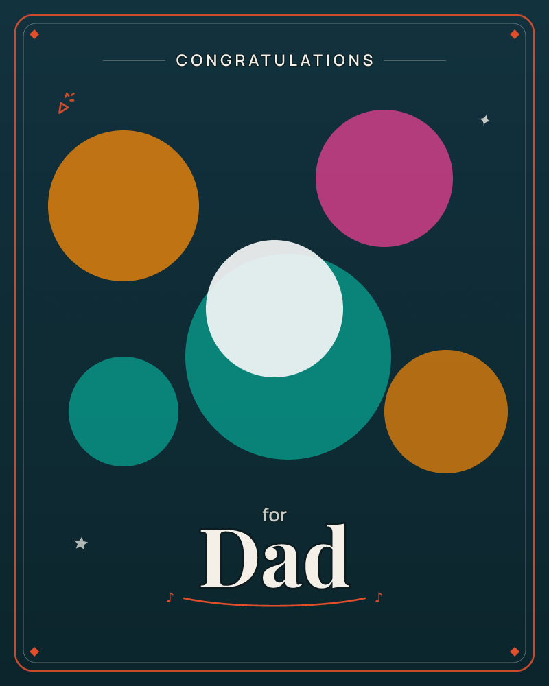 A cluster of glossy circles floats against a deep teal-black backdrop, arranged like planets or balloons caught mid-drift, a congratulations e-card design by @DittyCityTeam