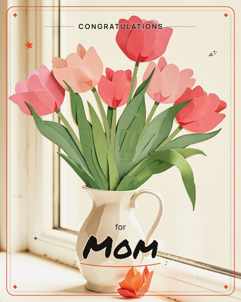 A cream ceramic jug filled with handcrafted paper tulips sits on a sunlit windowsill, their pink and coral petals catching warm afternoon light, a congratulations e-card design