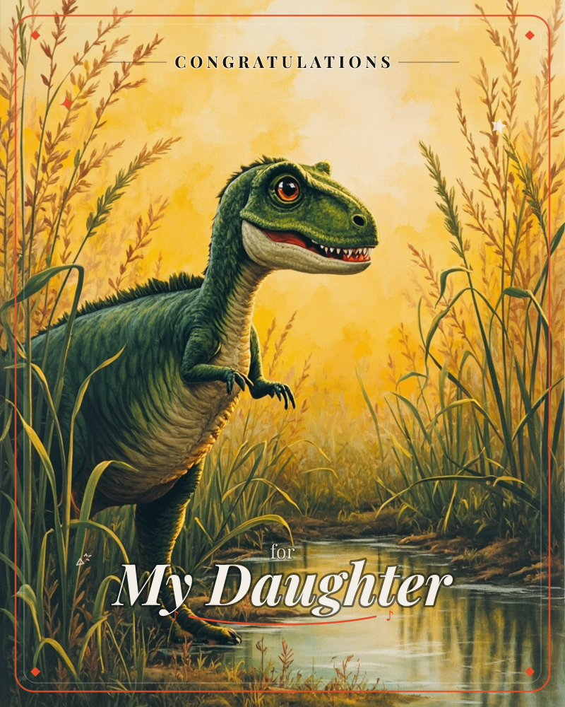 A young green dinosaur stands at the edge of a still marsh pool, its small clawed arms tucked close as it peers off to the side through tall golden reeds, a congratulations e-card design