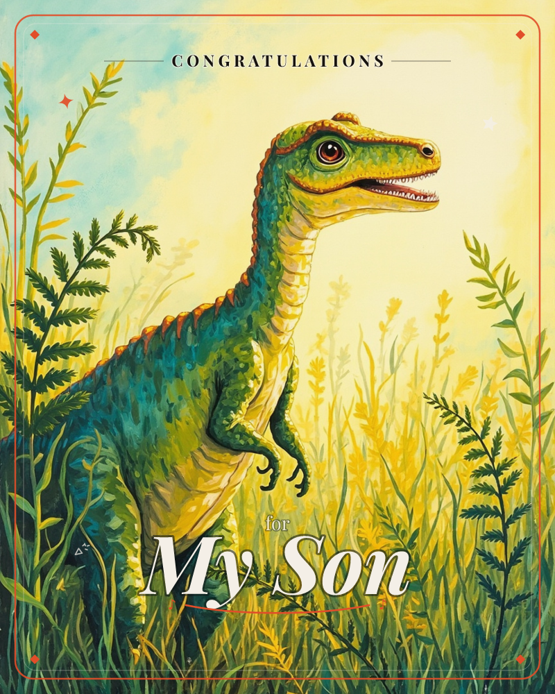 A green dinosaur with a pale belly stands alert among tall golden grasses and feathery ferns, mouth open mid-call, a congratulations e-card design