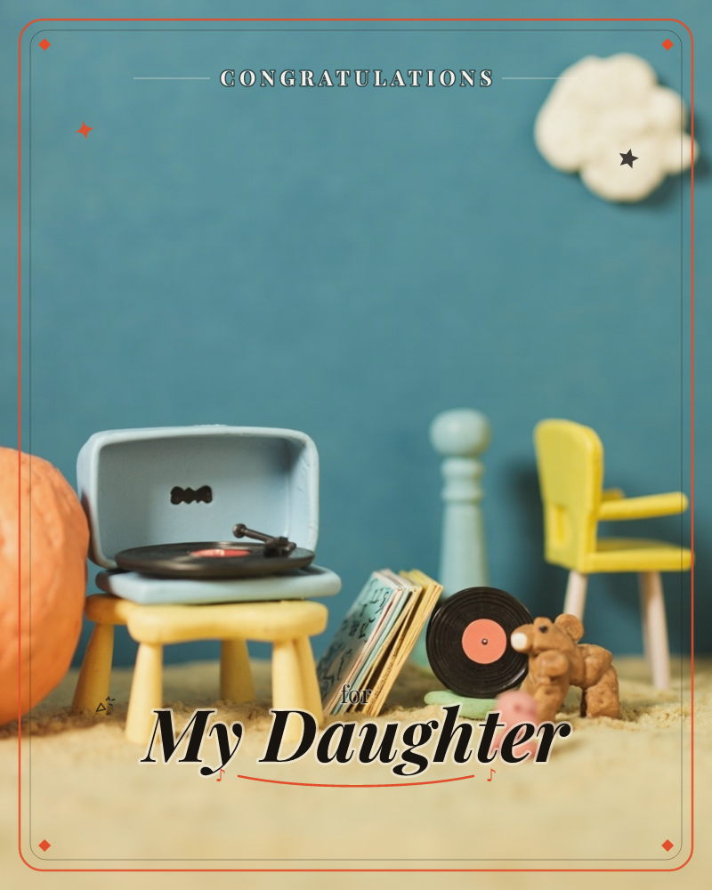 A miniature diorama set against a deep teal wall shows a toy record player spinning a small vinyl disc atop a yellow stool, with a stack of tiny…, a congratulations e-card design