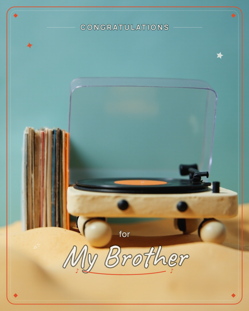 A miniature cream-coloured record player sits on a soft tan surface against a muted teal-blue backdrop, its clear plastic lid propped open and a vinyl…, a congratulations e-card design