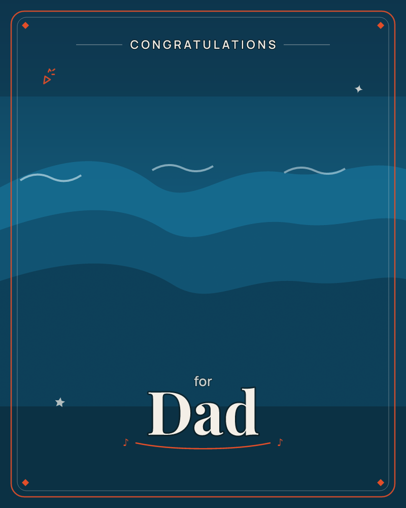 Layered bands of deep teal and navy roll across the page like ocean swells at night, with pale thin squiggles tracing the crest of each wave, a congratulations e-card design by @DittyCityTeam
