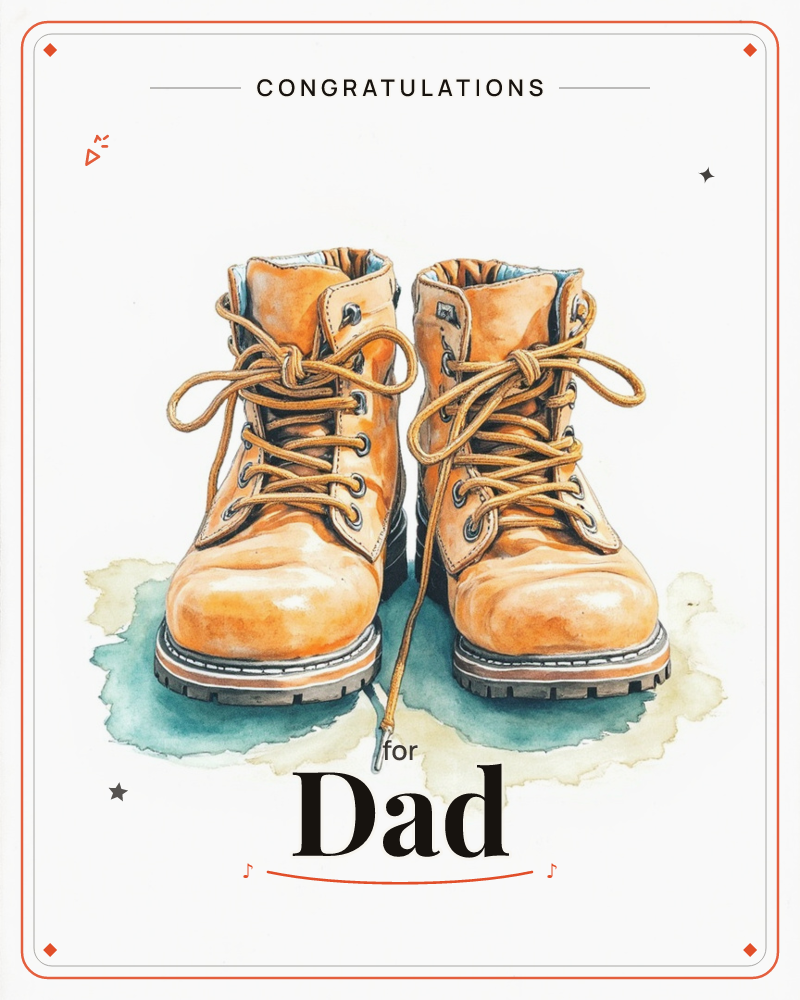 A pair of well-worn tan leather work boots sits laced up against a plain white background, painted with loose teal-grey watercolour splashes pooling…, a congratulations e-card design