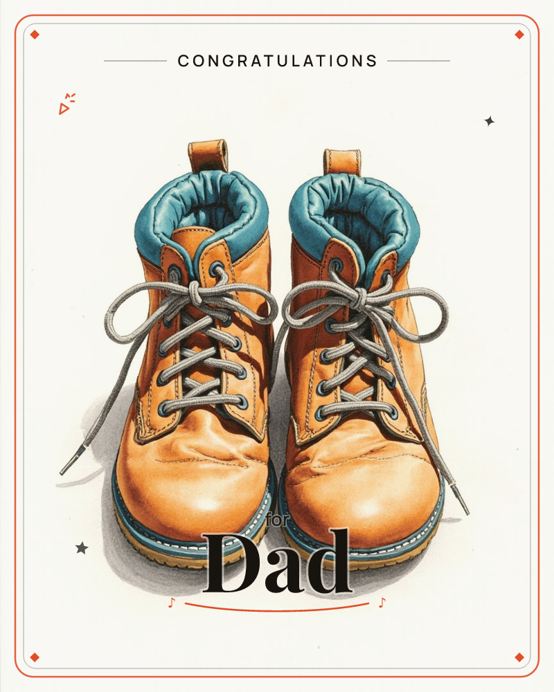 A pair of sturdy tan work boots stands laced and ready against a plain glowing white backdrop that fades to dark at the edges, a congratulations e-card design