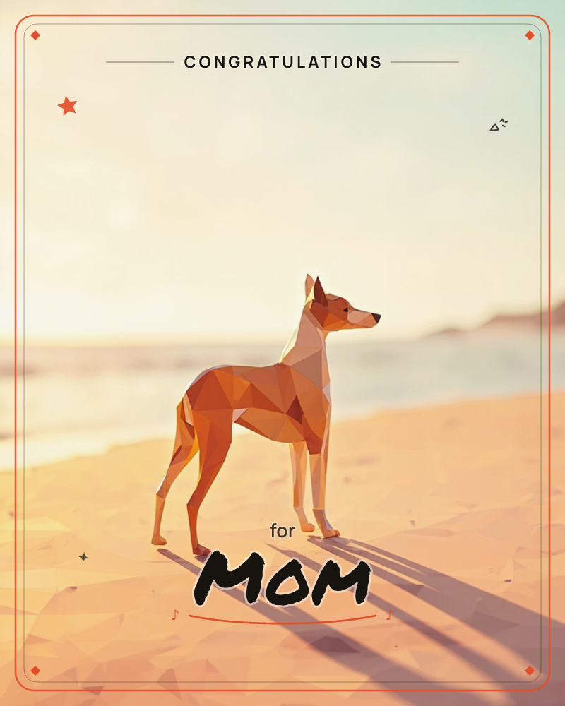 A slender greyhound rendered in faceted low-poly triangles stands alert on a sunlit beach, its long shadow stretching across the sand toward the viewer, a congratulations e-card design