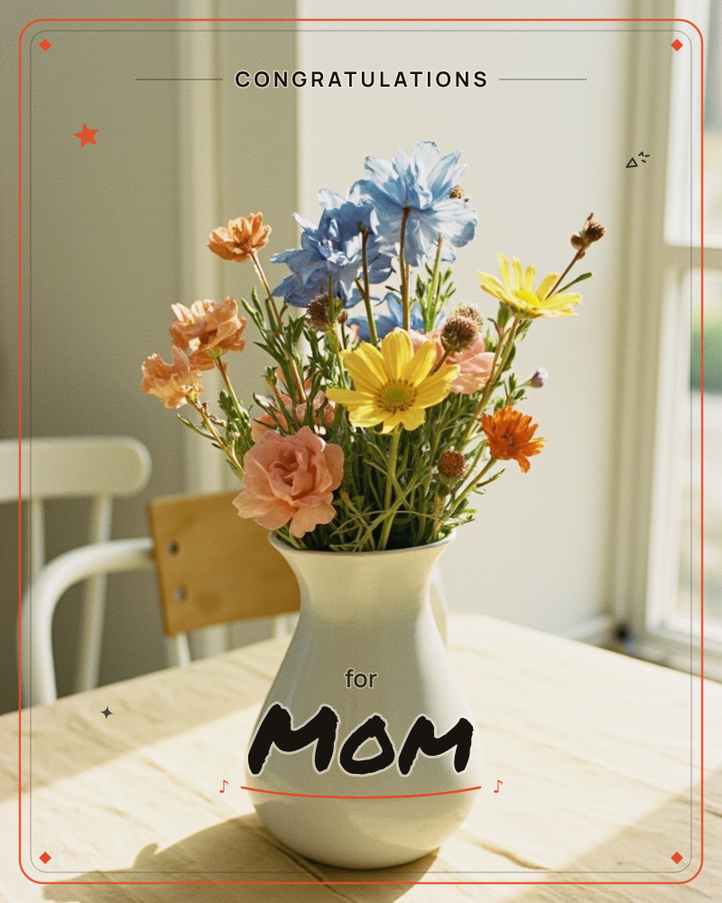 A white ceramic vase holds a loose bouquet of blue poppies, yellow daisies, peach ranunculus and orange marigolds, set on a sunlit wooden table near a…, a congratulations e-card design