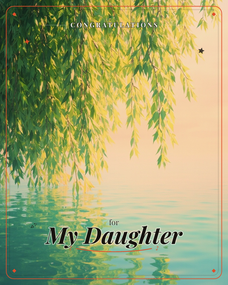 Willow branches drape down from the top of the frame, their slender leaves catching a warm golden light against a soft peach sky, a congratulations e-card design