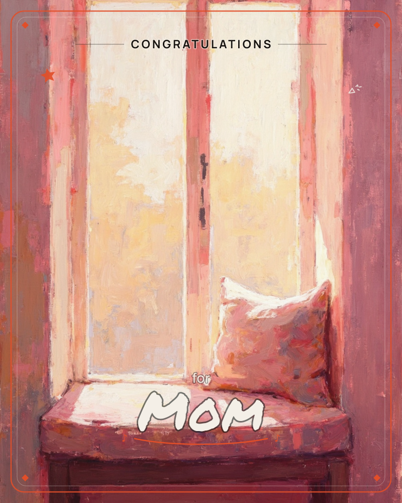 A quiet window seat bathed in warm afternoon light, a single cushion propped against tall glass panes, a congratulations e-card design