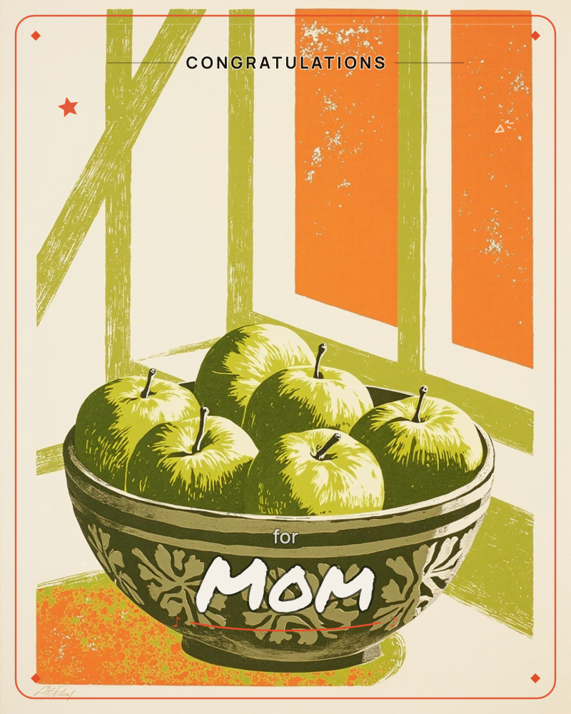 A linocut-style print shows a decorative bowl heaped with green apples, sitting on a windowsill with crisscrossing wooden beams and panes of orange sky…, a congratulations e-card design