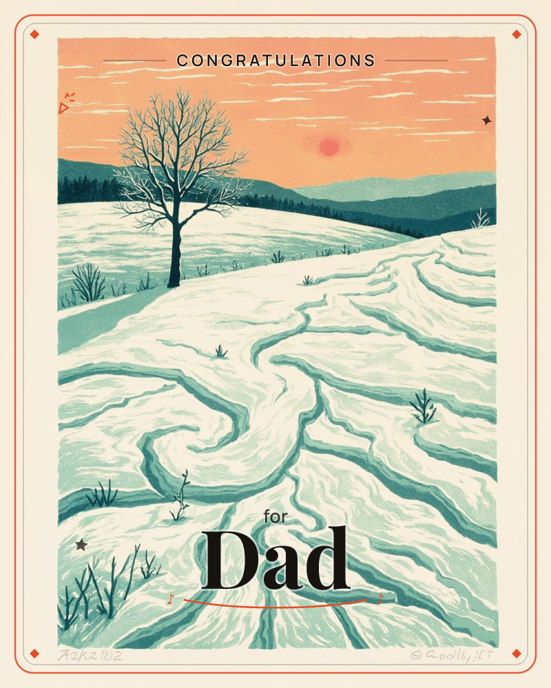 A linocut-style print shows a snow-covered hillside carved with swirling drifts and rivulets, a single bare tree standing at the ridge line, a congratulations e-card design