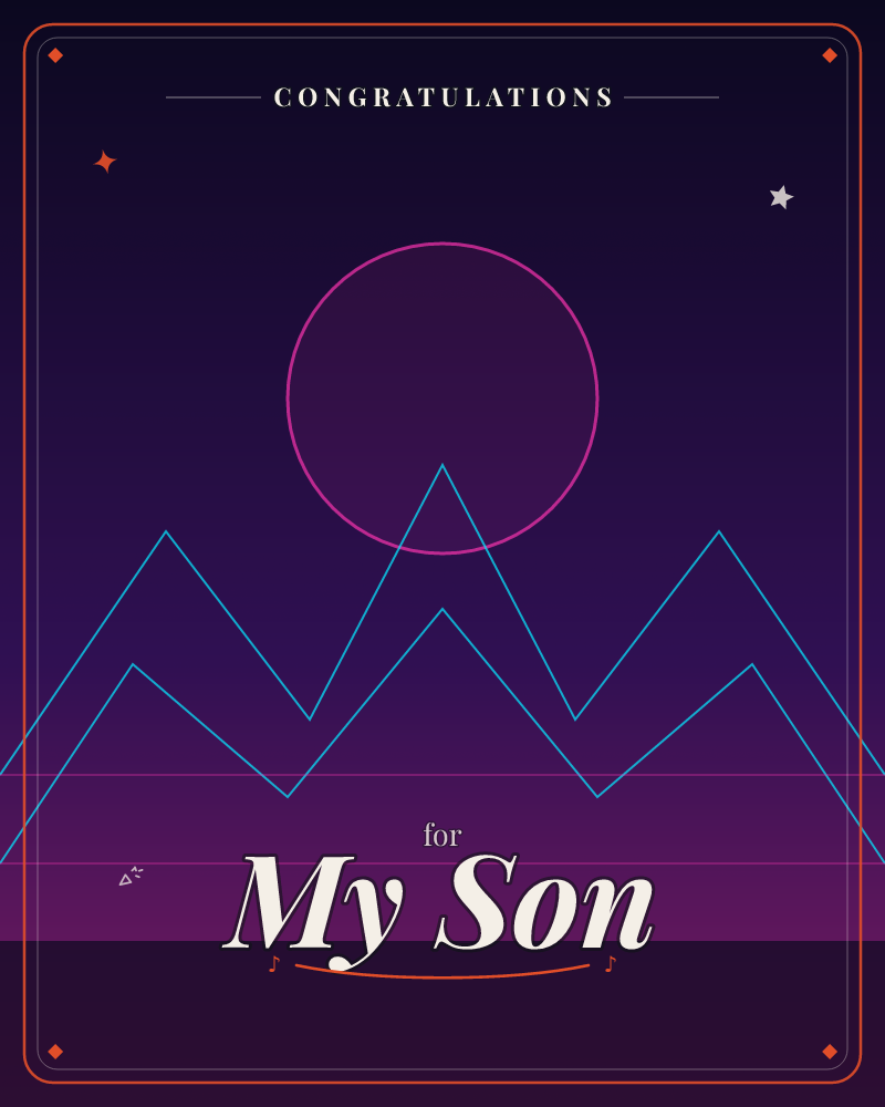 A retro synthwave landscape glows against a deep purple-to-black night sky, where a neon pink circular sun outline hovers behind thin cyan mountain peaks, a congratulations e-card design by @DittyCityTeam