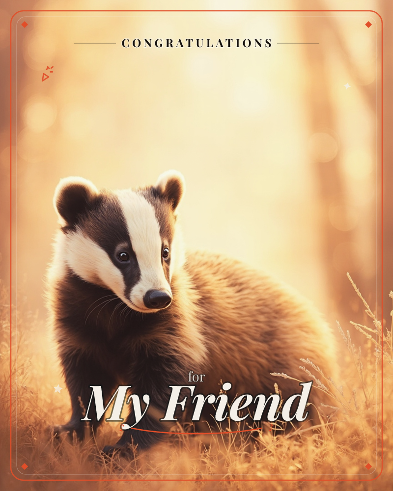 A badger stands low in golden autumn grass, its black-and-white striped face turned toward the camera while soft, hazy sunlight streams through the…, a congratulations e-card design