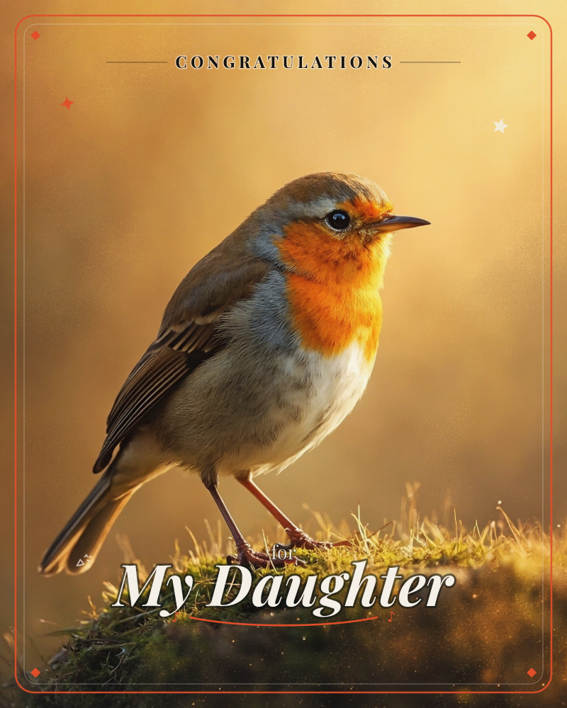 A robin perches on a moss-covered mound, its orange breast glowing against a soft golden-brown backdrop, a congratulations e-card design