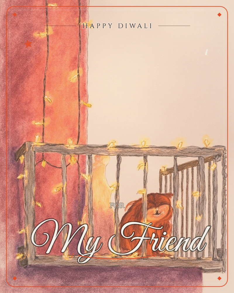 A small fox curls up on a wooden balcony railing, strung with glowing fairy lights against a warm terracotta wall, a diwali e-card design