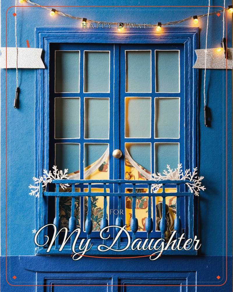A deep blue paper-craft window with paned glass and a small wrought-iron balcony sits against a matching blue wall, warm golden light glowing from…, a diwali e-card design