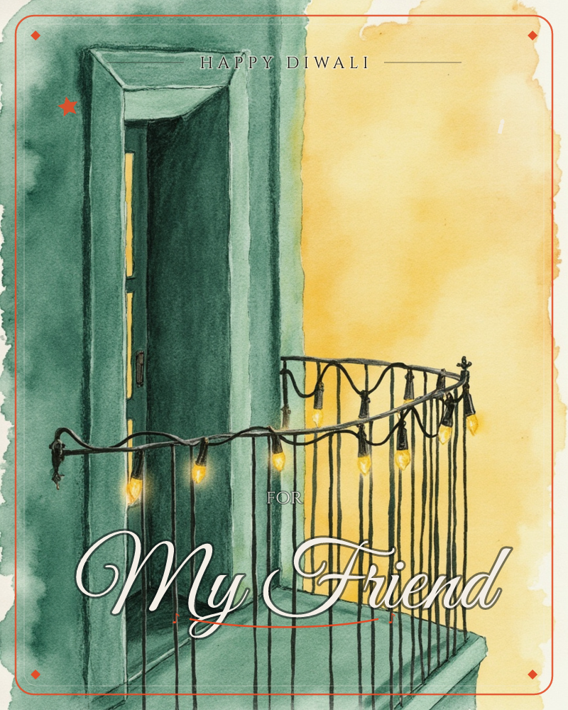 A watercolour balcony with an open door and wrought-iron railing glows against a warm golden wall, a diwali e-card design