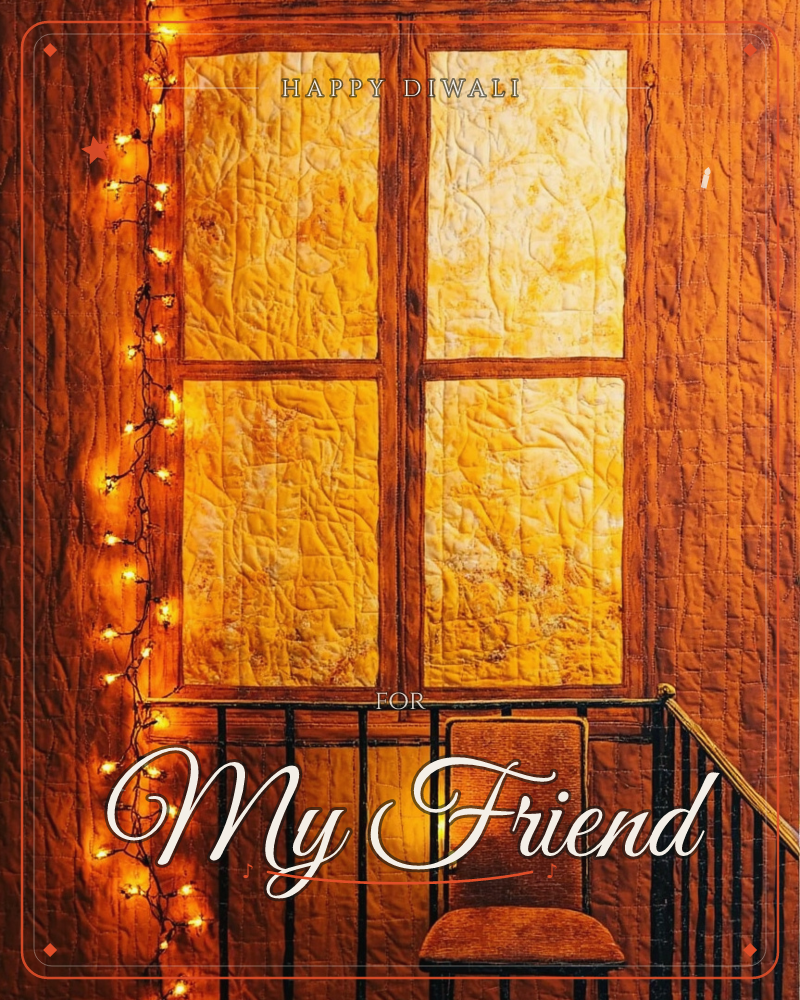 A quilted, textile-textured window glows with warm amber light behind its four panes, a string of fairy lights draped down the frame beside it, a diwali e-card design
