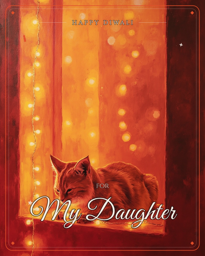 A ginger cat lies curled on a windowsill bathed in deep amber and red light, strings of small warm fairy lights draped across the sill and trailing up…, a diwali e-card design