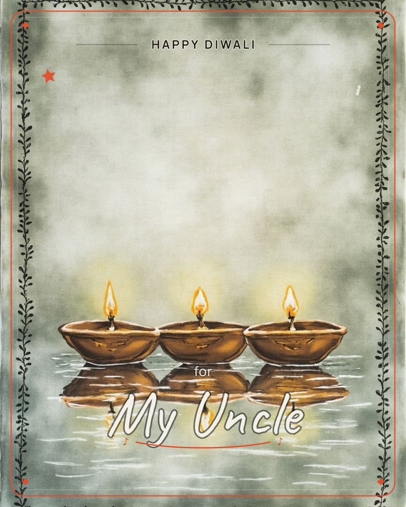 Three small clay oil lamps, or diyas, glow in a row with soft flames reflected on a still water surface below them, a diwali e-card design