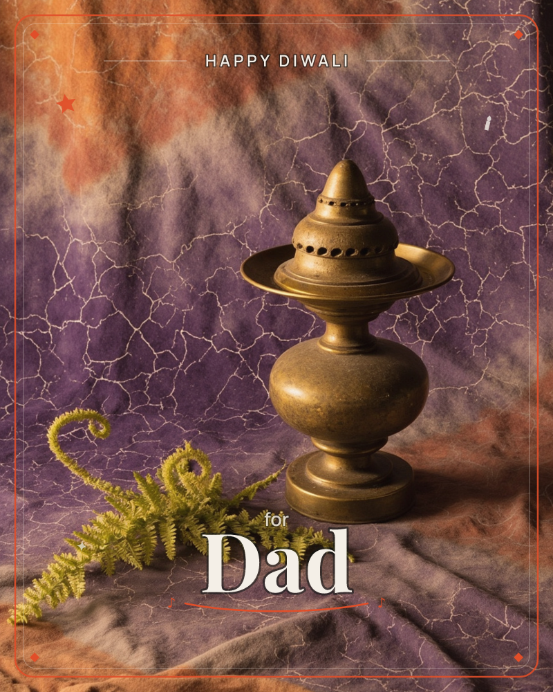 A brass urn-shaped vessel with a pointed, perforated lid sits on a crackled purple and rust-toned fabric backdrop, a diwali e-card design