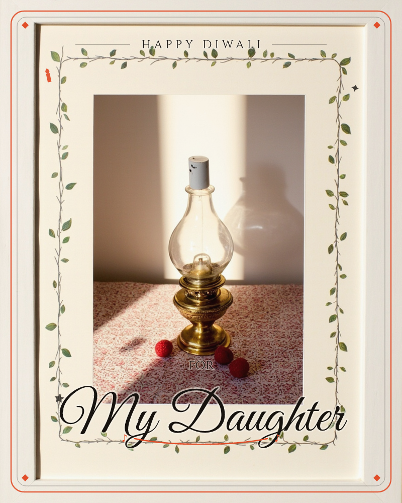 A photograph of a small brass oil lamp with a clear glass chimney sits on a red and white patterned cloth, three tiny red pom-poms scattered beside its…, a diwali e-card design