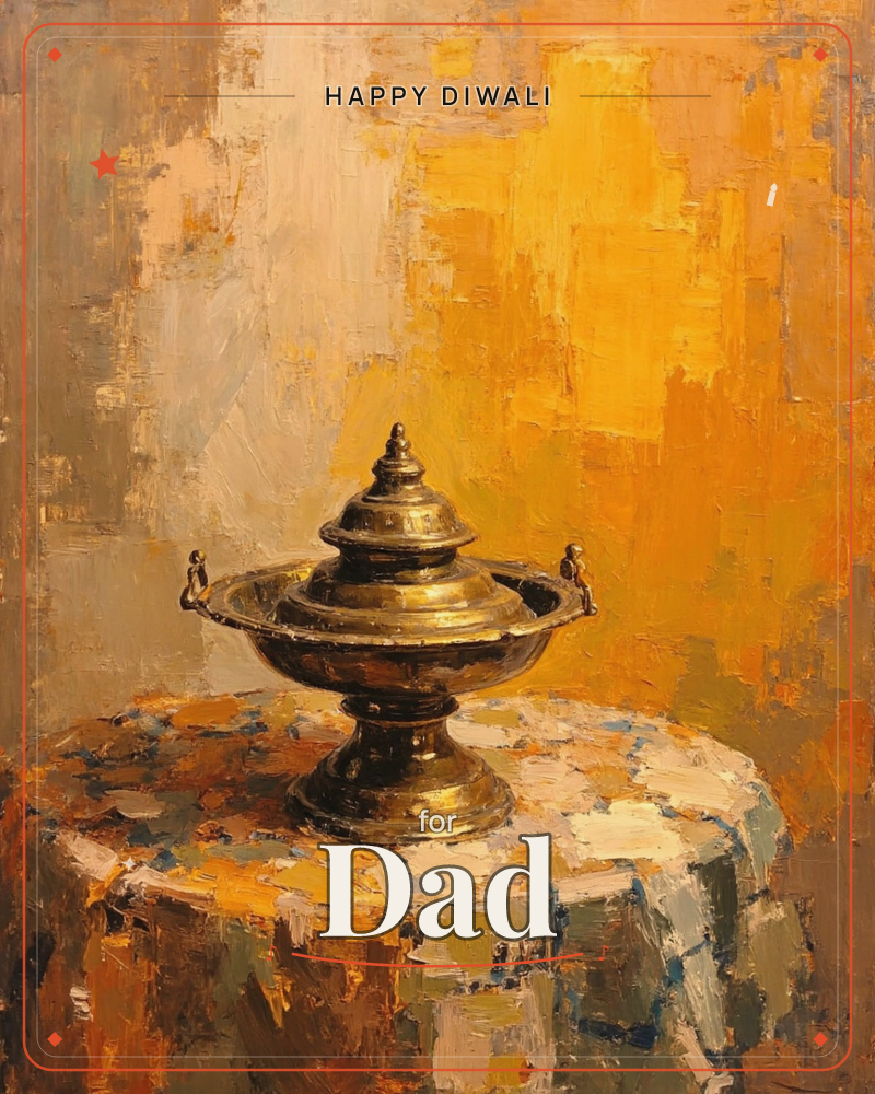 An ornate lidded metal urn with two small handles sits on a pedestal base, resting on a table draped in a mottled cloth, a diwali e-card design