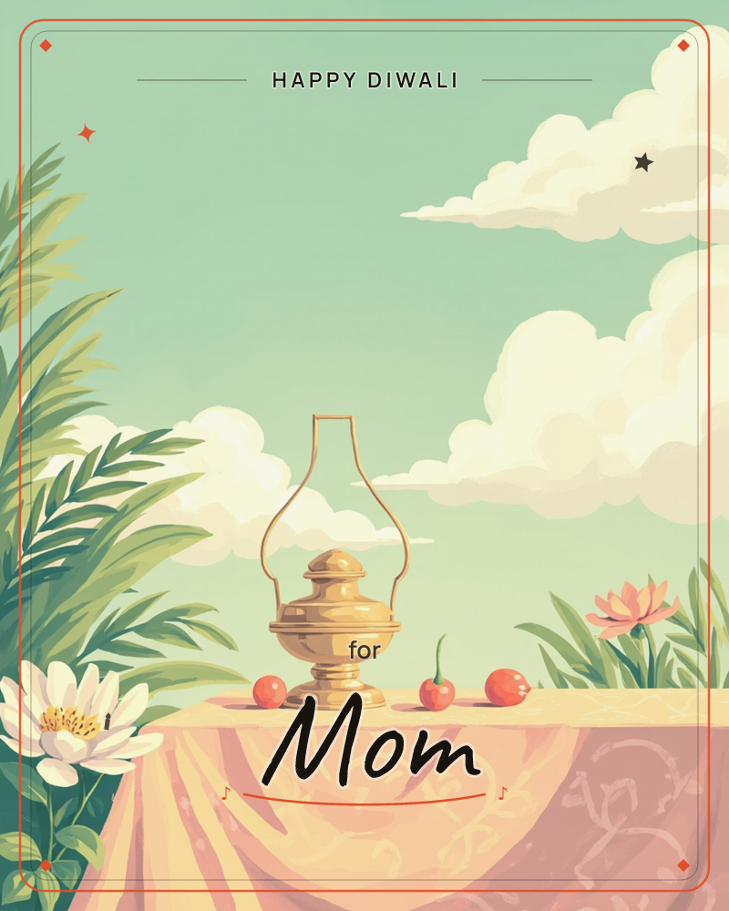 A brass oil lamp sits on a pink patterned tablecloth, flanked by two small cherries and a chili pepper, with palm fronds and a white lotus flower…, a diwali e-card design