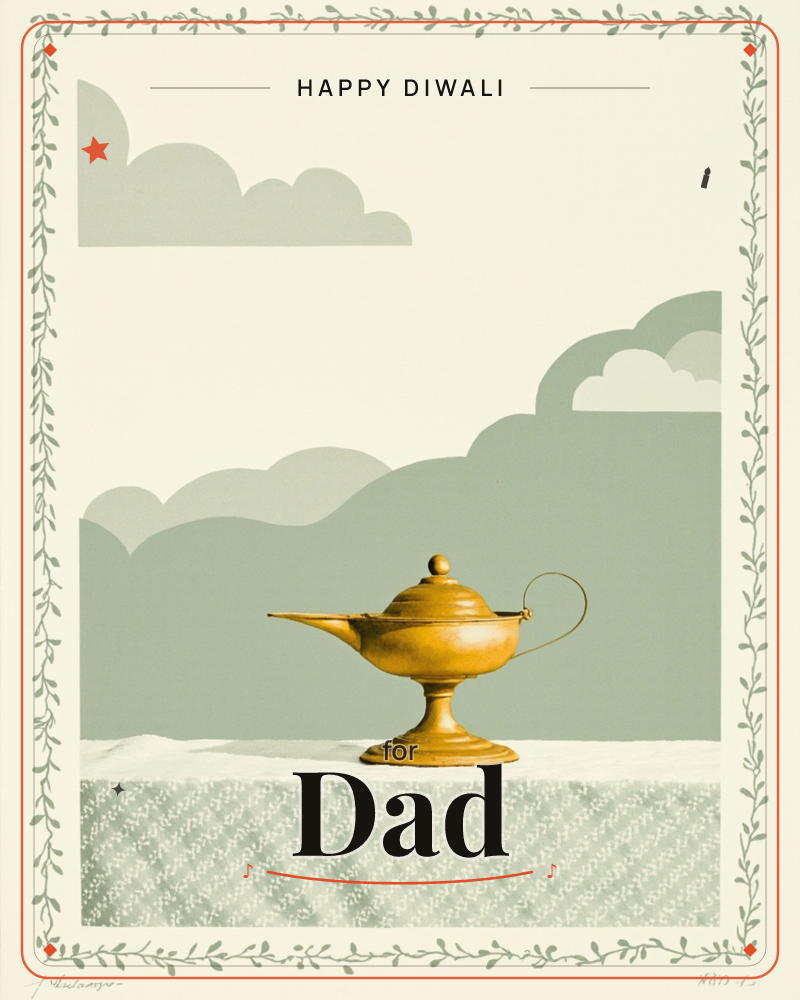 A brass genie-style oil lamp sits alone on a woven cloth, set against flat sage-green clouds against a pale sky, a diwali e-card design