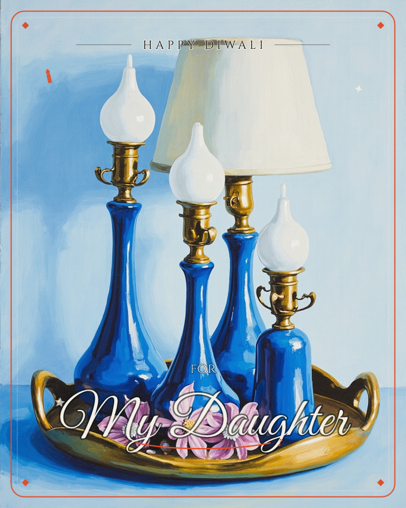 A painted still life shows four cobalt-blue lamp bases of varying heights and shapes, one topped with a cream lampshade, gathered on a brass tray…, a diwali e-card design
