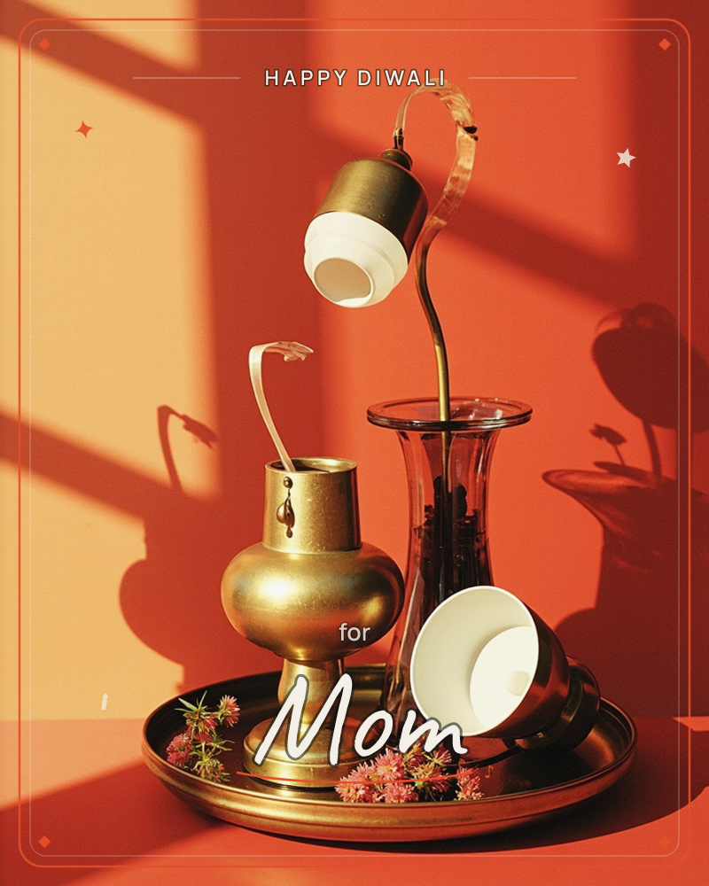 A brass tray holds an odd little still life: a squat brass vase, a clear glass vase, and two small spotlight-style lamps with white cone shades, all…, a diwali e-card design