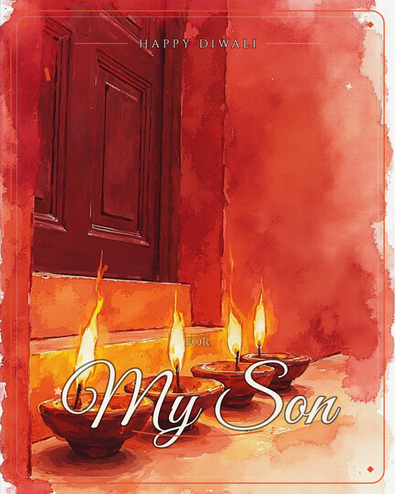 A row of four clay diyas glows along a stone step leading up to a wooden door, their flames casting warm light against a deep red wall, a diwali e-card design